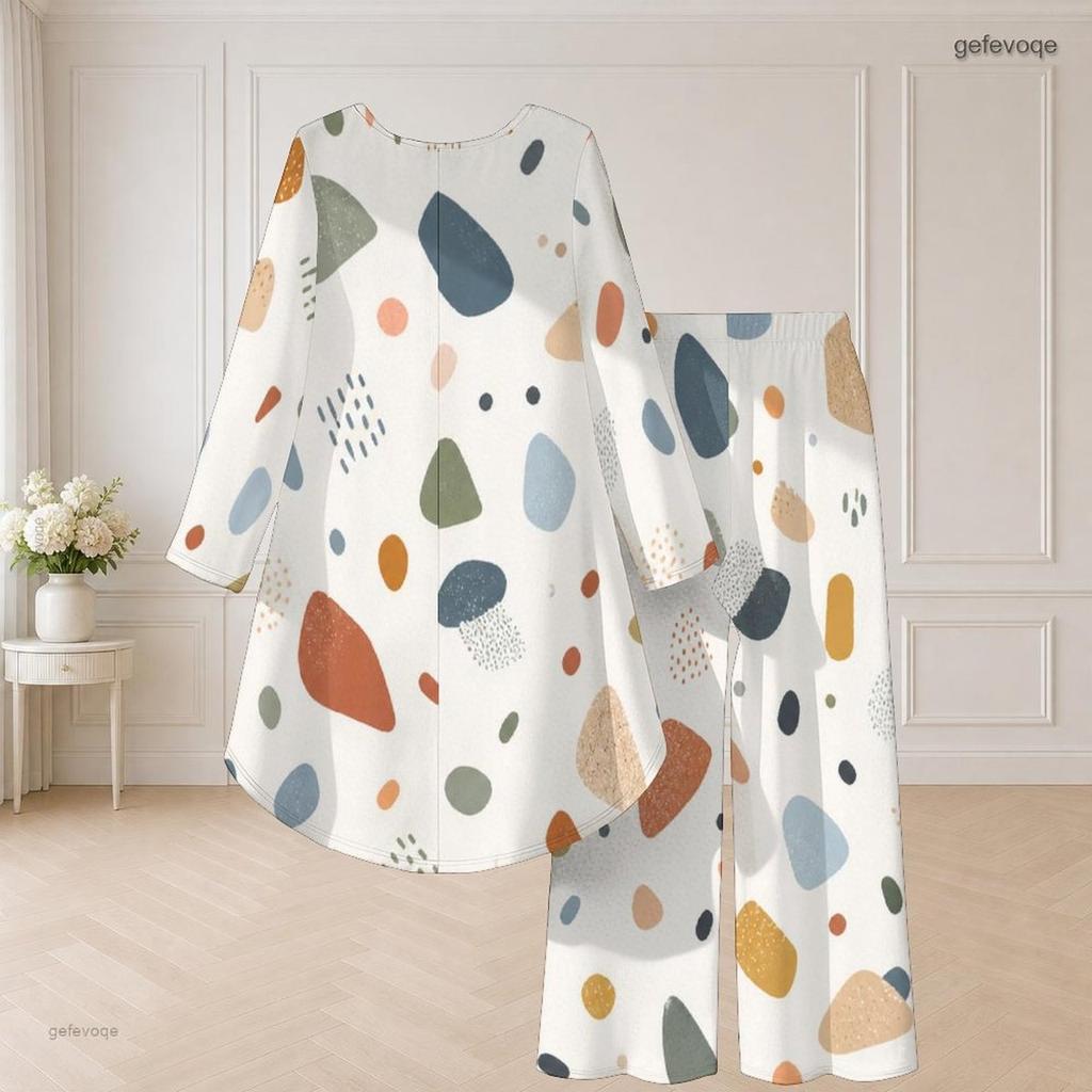 Plus Size Women Abstract Printed Two Piece Set Round Neck Long Sleeve High Low Top Wide Leg Pants