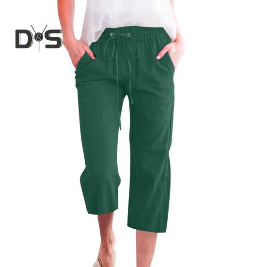 Women Cropped Pants Mid-rise Elastic Waist Adjustable Drawstring Casual Pants with Pockets Loose Fit Summer Pants