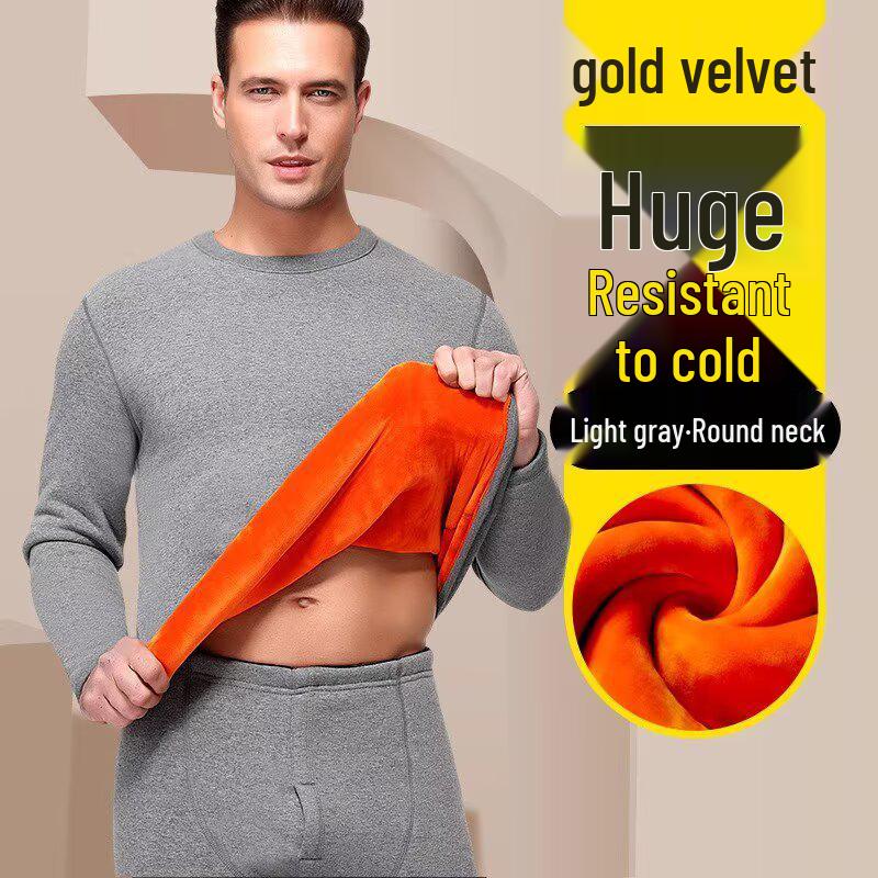 Golden Velvet Men's Cold-Proof Crew Neck Warm Underwear Set with Long Sleeve Top and Long Pants