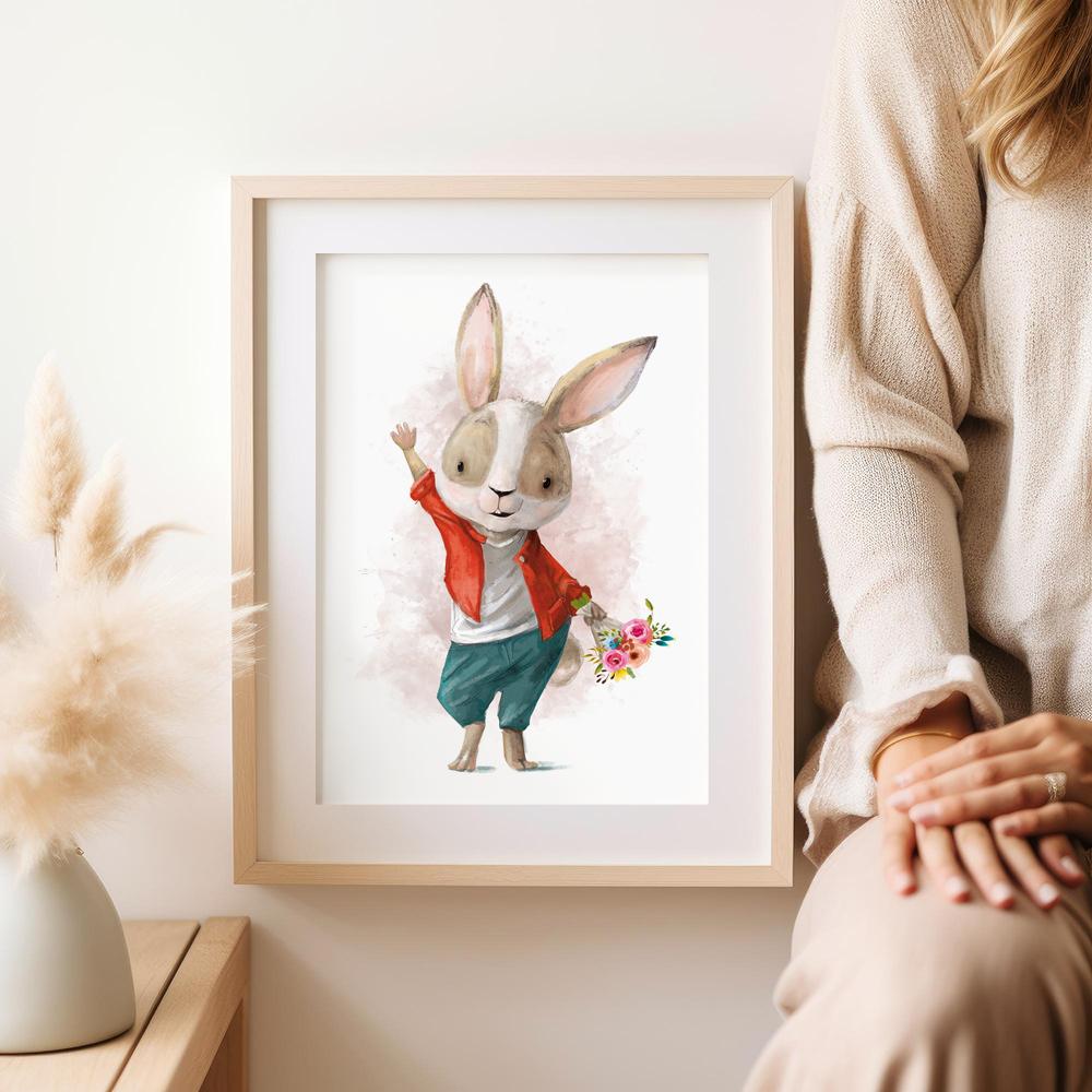 Plakat zając z bukietem kwiatów