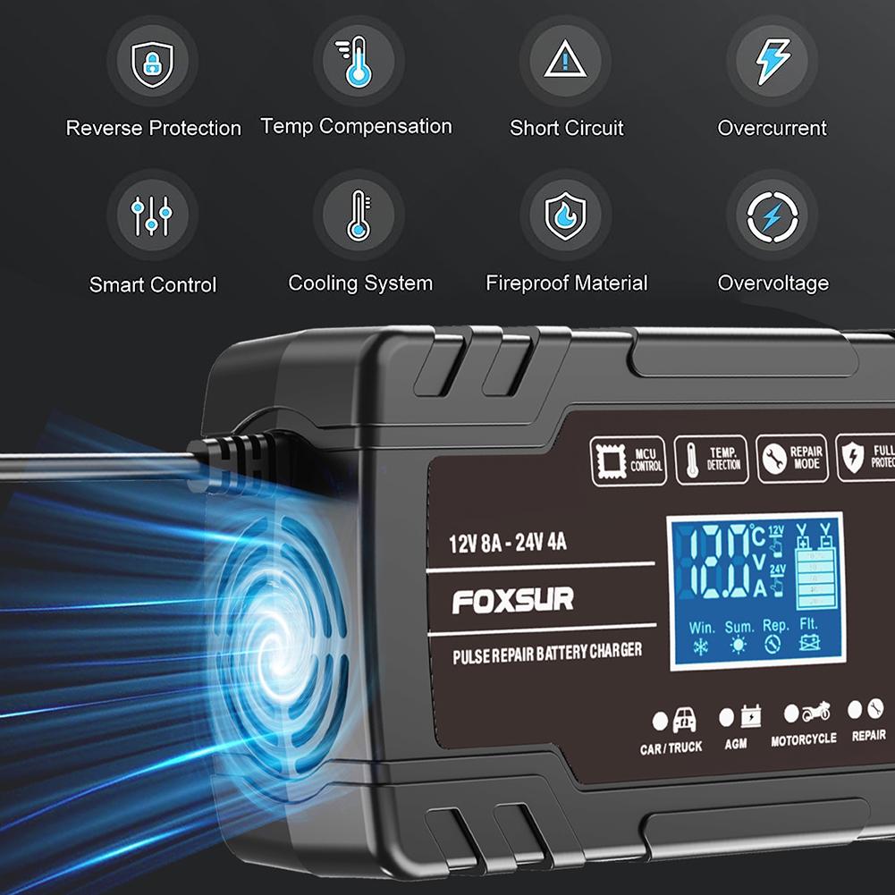Smart Battery Charger 3-stage 12V 24V 8A Digital Car Battery Charger LCD Display Automatic Battery Charger for Lead-Acid GEL AGM