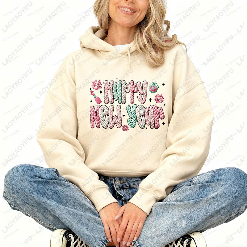 Happy New Year 2026 Women Hoodies Hello 2026 Faux Crochet Coquette Faux Yarn Printed Long Sleeve Sweatshirt Winter Sweater Women