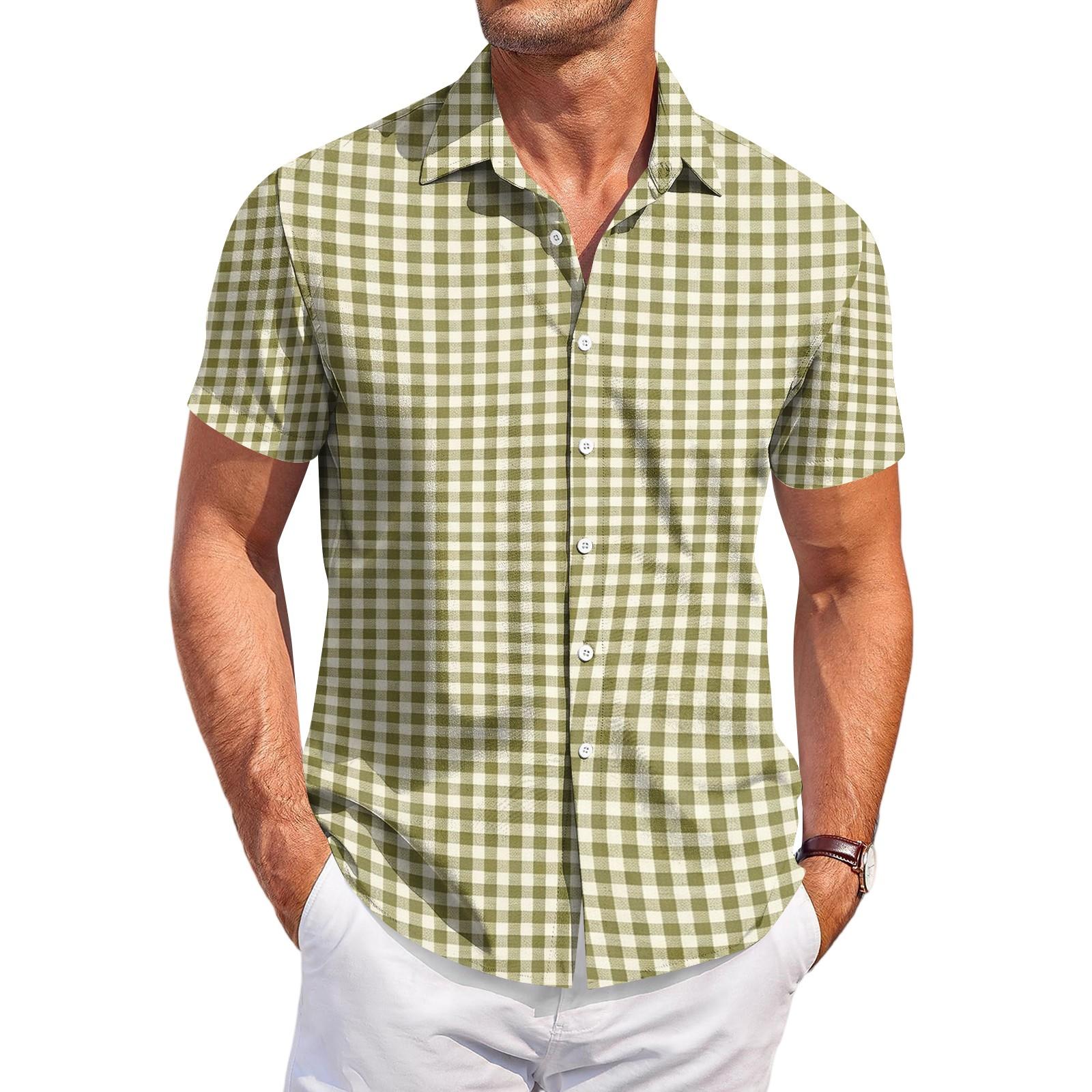 Men s Casual Short Sleeve Button Down Shirt Checkered Pattern Lightweight Breathable Fabric Relaxed Fit Summer Top XXL