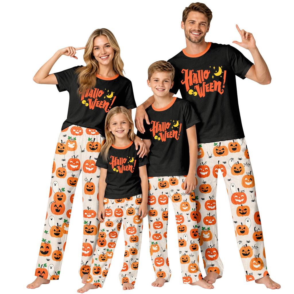 Family Matching Halloween Printed Pajama Set Short Sleeve Top and Pants for Mom and Kids