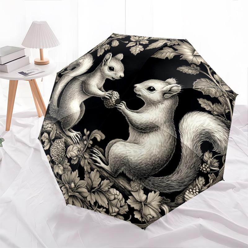Squirrel pattern, automatic folding umbrella, portable and foldable design, 8 ribs, a Christmas or birthday gift.
