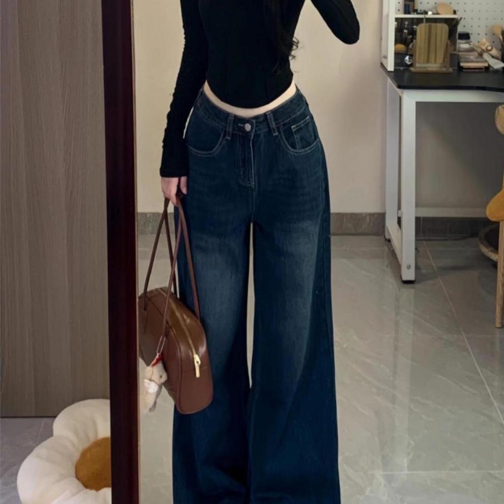 Petite Retro High Waist Wide Leg Jeans for Women - Slimming, Loose Fit, Straight Floor-Length Pants