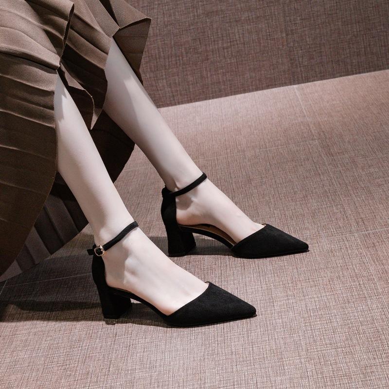 2025 spring and summer new French black high heels women's thick heel hollow fashion professional one-word buckle medium heel single shoes autumn