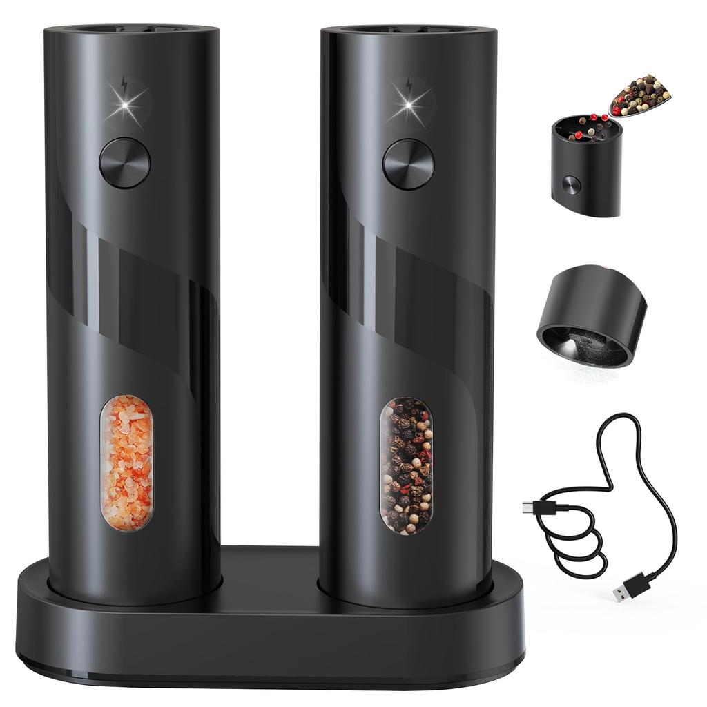 CIRCLE JOY Electric Pepper USB Salt and Pepper Adjustable 110ml Charging White LED Set of Black Mill, Rechargeable, Grinder, Coarseness, Container,