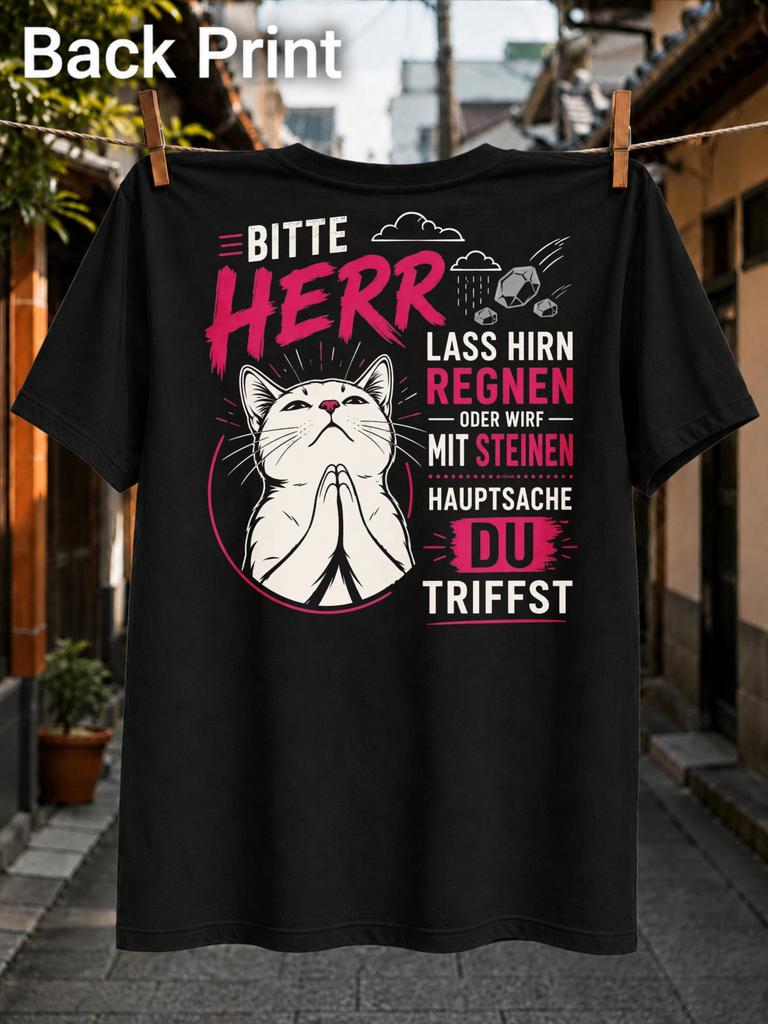 Bitte Herr Praying Cat With Cat Magenta Gerunisex Text Rain Clouds Stones And Sharp Comic Prayer Style Unisex All TShirt