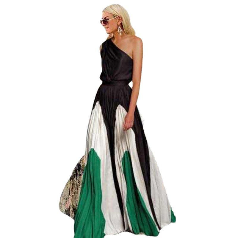 Frühling und Sommer Neue Damenbekleidung Kontrastfarben Spleiß Sexy Schulterfrei Langes Kleid Kleid Kleid