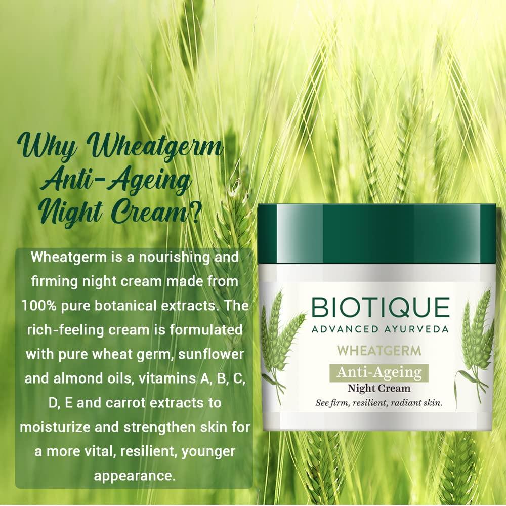 Biotique Wheat Germ Night Cream For Youthful Skin 50g | Anti-Ageing Moisturizer | Reduces Wrinkles & Dark Spots | 100% Natural