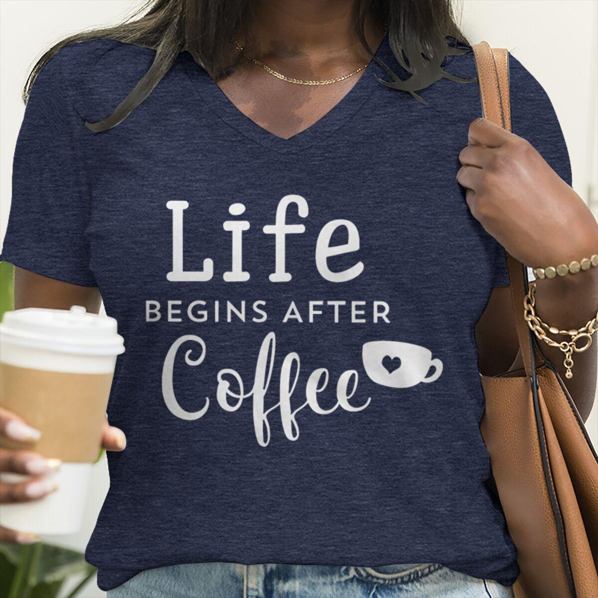 

Women T Shirt Life Begins After Coffee Print Tshirt Women Short Sleeve V-neck T-shirt Ladies Summer Causal Tee Shirt Tops S