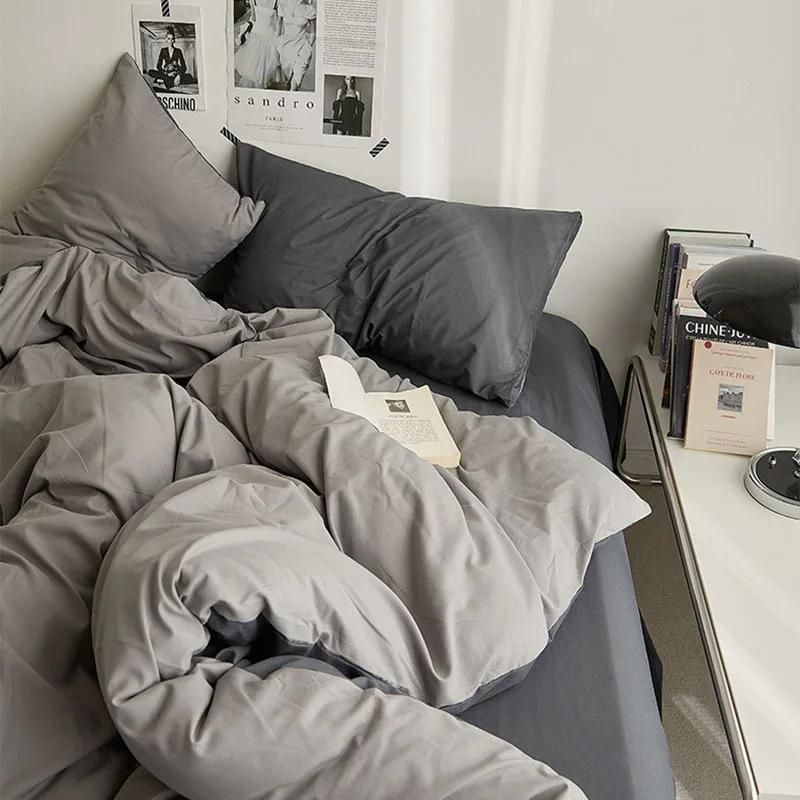 Fashion Solid Color Bed Sheet Style Duvet Cover Set Ab Double-Sided Color Matching Comfortable Sets Washed Cotton Bedding