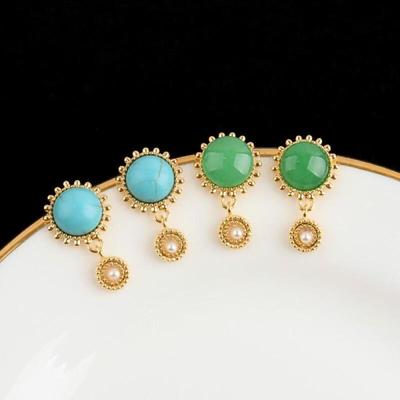 Women's Vintage Color Turquoise Silver Pin Earrings
