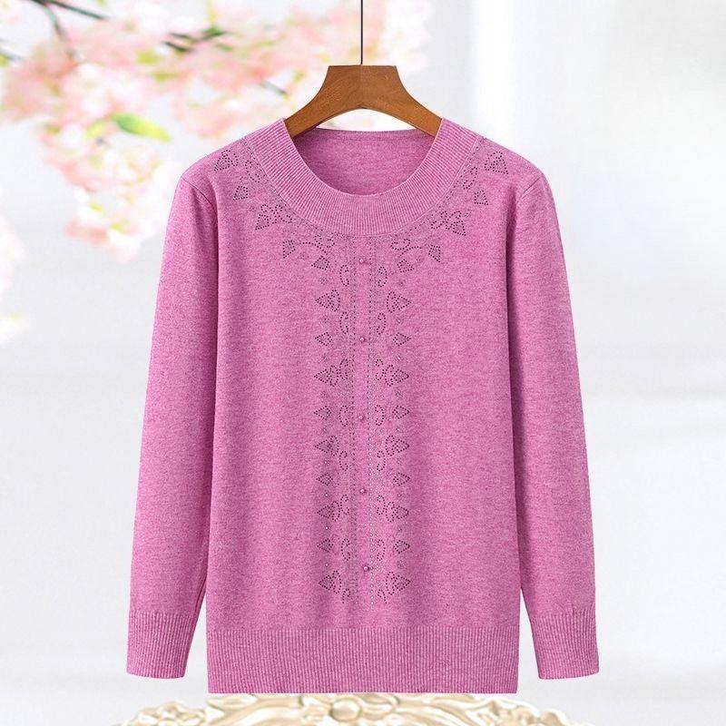 Spring and Autumn Thin Women's Round Neck Sweater Rhinestone Loose Knit Pullover Sweater Plus Size Knitwear