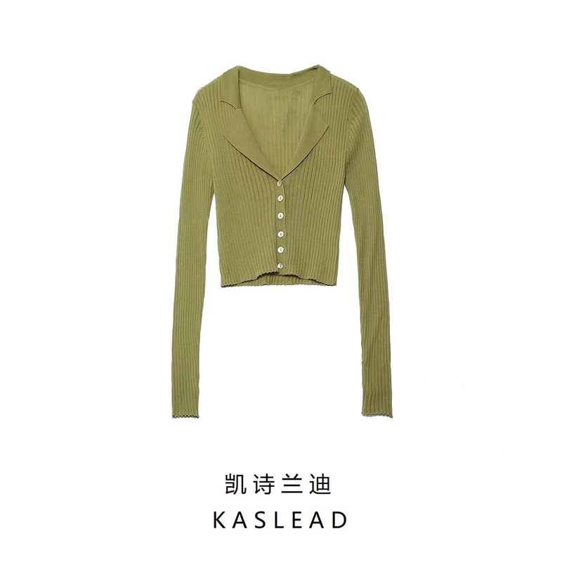 Kaslead New Arrival Women's Clothing Fashion Style Stylish Simple and Versatile Silm Hairline Rule Knitted Long Sleeve Cardigan