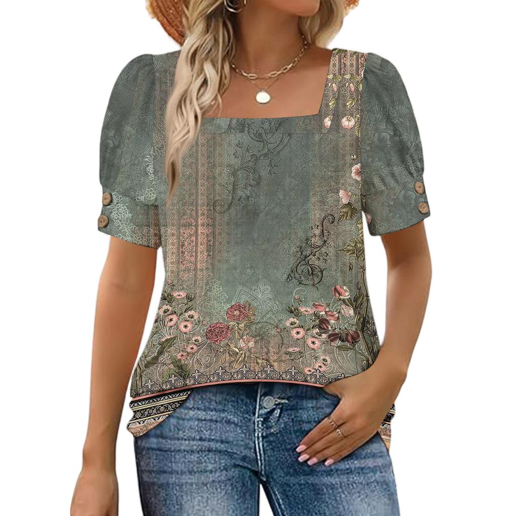 Women's Fashionable Casual Summer Retro Print Square Neck Button Short-sleeved Top
