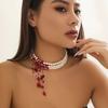 Vintage Red Blood Pattern Necklace for Women Multilayer Pearl Crystal Bead Pendant Necklaces Gothic Halloween Accessories