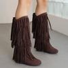 Boots Women Mid Calf With Heel Women'S Winter Chunky Heel Fringe Boots Inside Booster Mid Faux Leather Western Boots