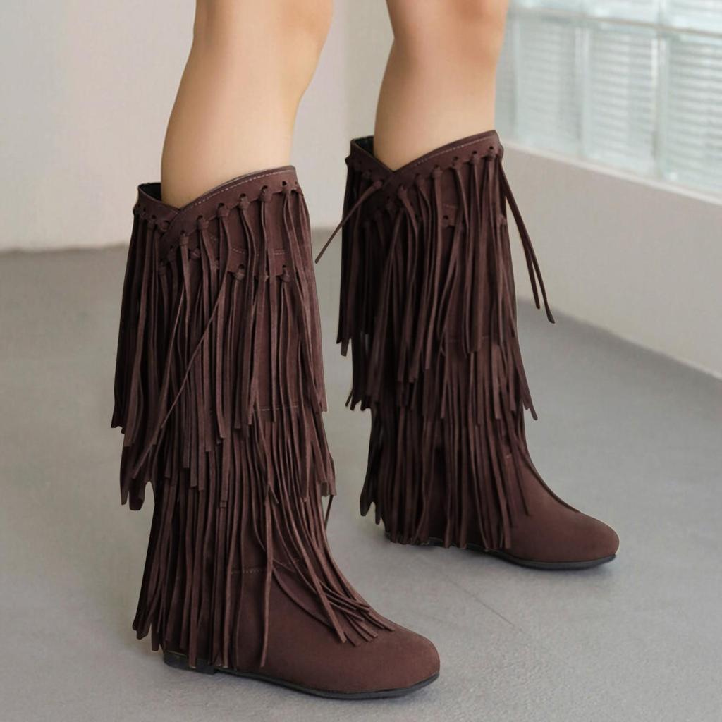 Boots Women Mid Calf With Heel Women'S Winter Chunky Heel Fringe Boots Inside Booster Mid Faux Leather Western Boots
