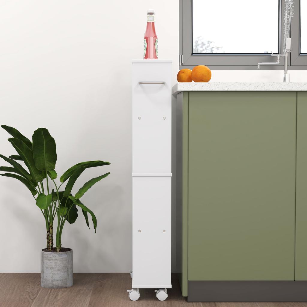 Multifunkční regál na kolečkách, úzký design, 4 přihrádky, 45x15x91 cm, bílý
