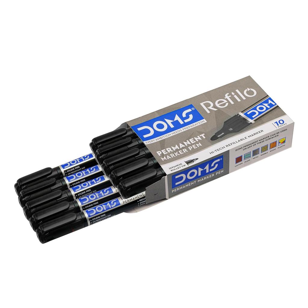 DOMS Refilo Permanent Marker Pen Pack of 10 Black Ink Hi-Tech Refillable Japanese Bullet Tip Non-Toxic Office School Use