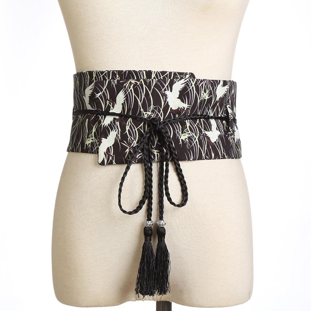 Floral Printed Swan Corset Belt Wide Waist Band Trendy Kimono Belt for Women чёрный