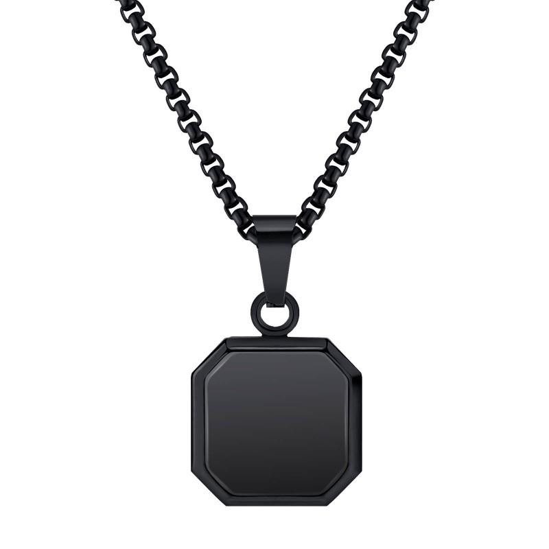 Stainless Steel Square Pendant Necklace Men Long Chain Layered Hip Hop Jewelry Geometric Titanium