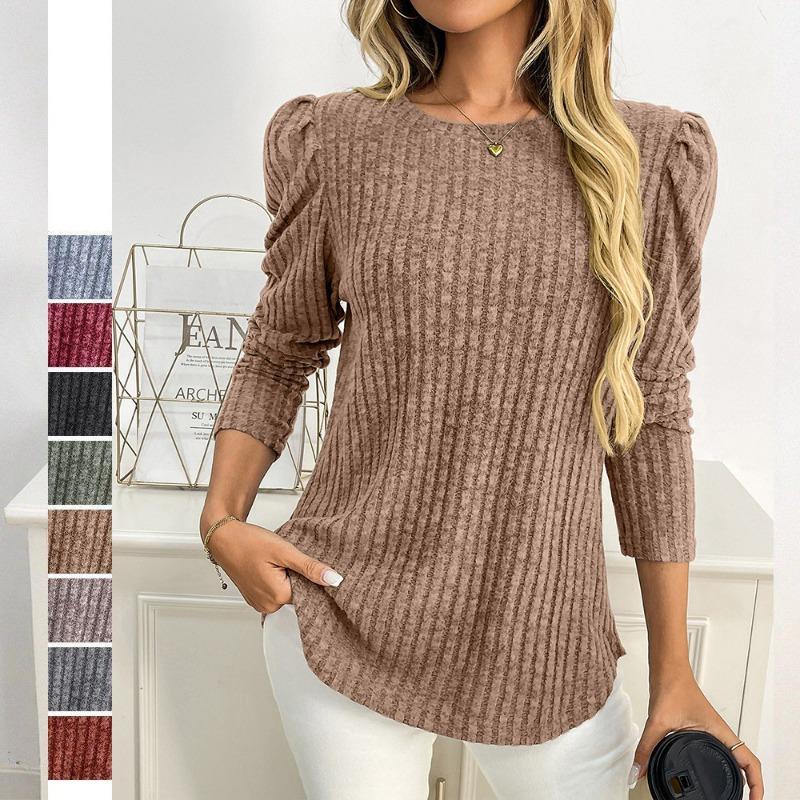 Women Solid Crew Neck Puff Sleeve Long Sleeve Brushed Striped T Shirt Top