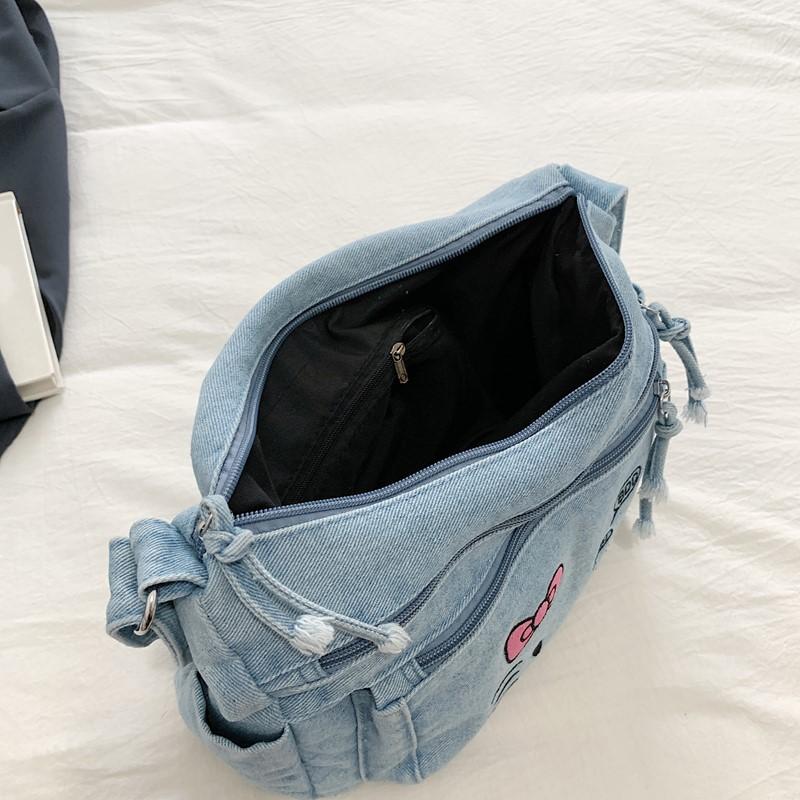 Kawaii KT Cat Denim Shoulder Bag for Girls, Cute Casual Single Strap Crossbody Purse, Trendy Multi Pocket Messenger Bag