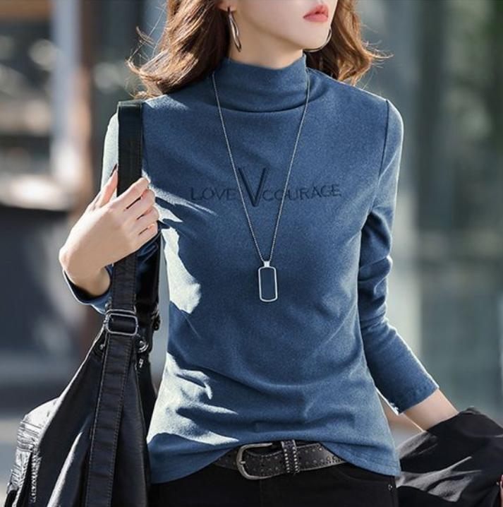 Winter Women Warm Blouse Turtleneck Letter Embroidery Pullovers Thick Bottoming Shirt for Women