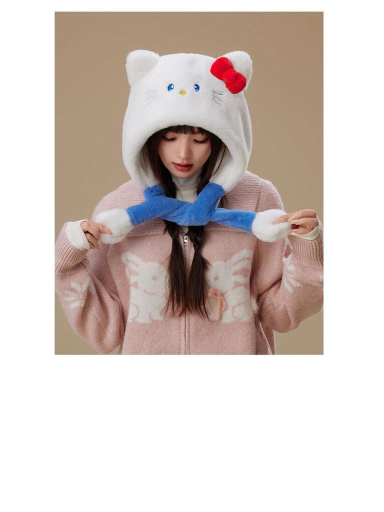 Women's Warm Fleece Cartoon Cat Hat with Moving Ears & Ear Muffs for Autumn/Winter