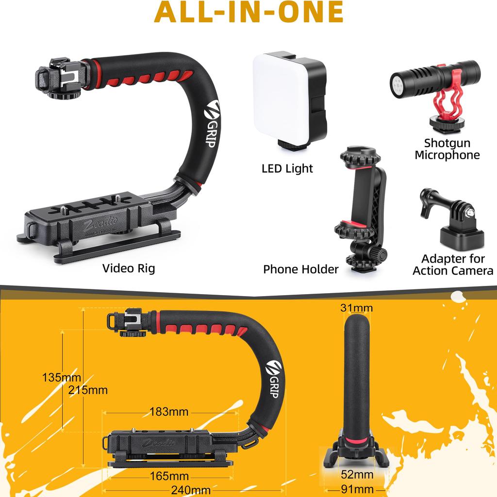 Zeadio Camera Stabilizer Kit, All-in-One Handheld Stabilizer with LED Video Light, Microphone, Smartphone Holder, and Action Camera Adapter - Compatib