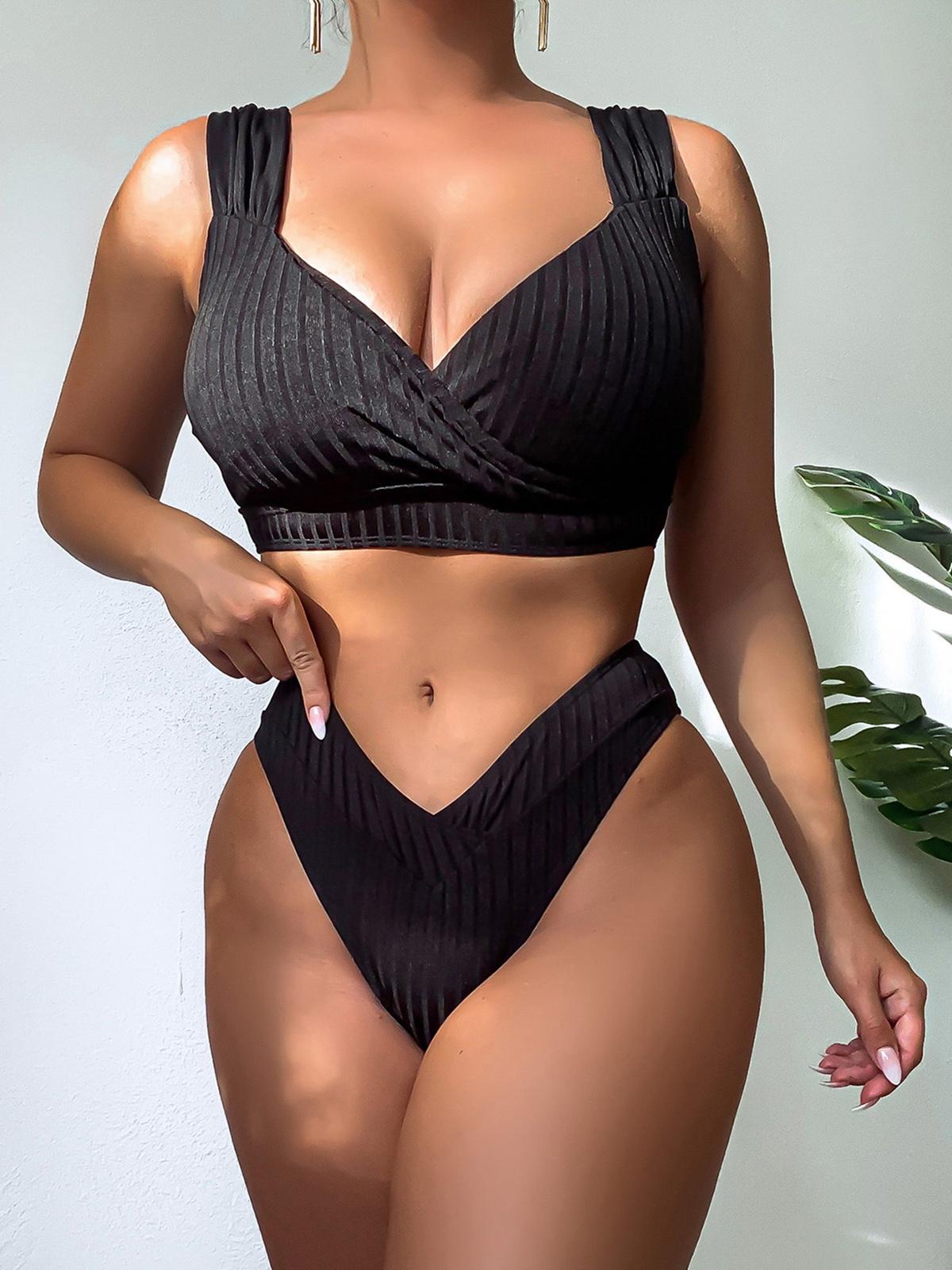 

Сексуальный ребристый бикини со средней талией, женский купальник, женский купальник из двух частей, комплект бикини с мягкой подкладкой, купальный костюм, купальный костюм для леди L чёрный