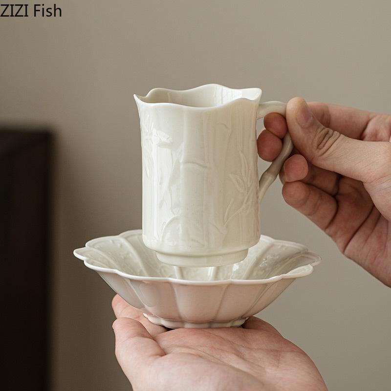 BRBamboo Patterned Ceramic Coffee Cups Saucers Home Dining Table Handmade Ceramic Coffee Cup Afternoon Tea Teacup Coffees Mug GiftEY