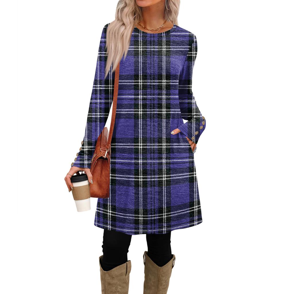 Abito Casual da Donna alla Moda con Tasche, Bottoni Decorativi, Scollo Rotondo e Maniche Lunghe