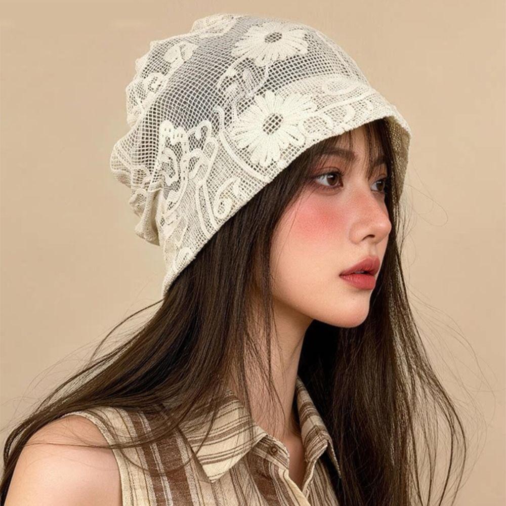Retro Embroidered Crochet Flower Lace Hat Spicy Girl Thin Hollow Out Beanies Korean Style Breathable Weave Knitted Cap Outdoor