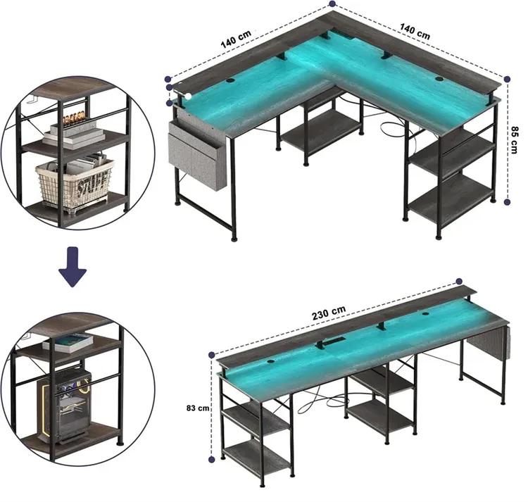 Tbfit L-Shaped Reversible Computer Desk with Power Outlet, LED Strip, and Monitor Stand – Gaming Desk