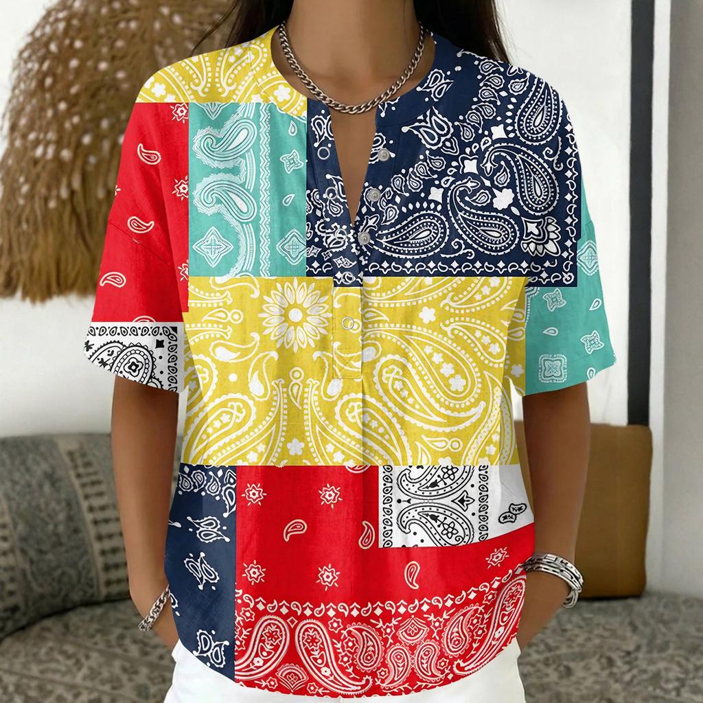Damenmode Bedrucktes V-Ausschnitt-Shirt Kurzarm Pullover Top Leichte Lässige Bluse für den Alltag