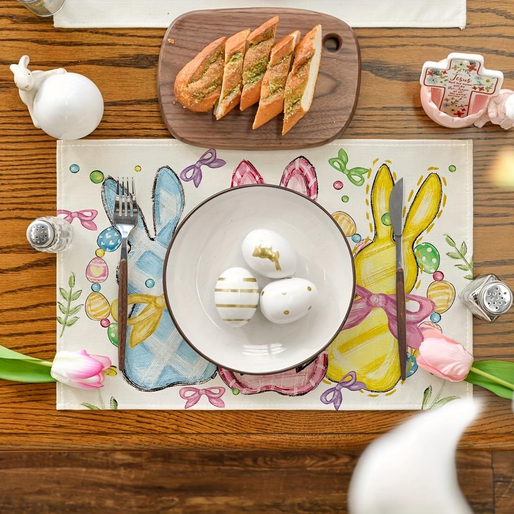 Bunny Rabbits Eggs Easter Placemats Floral Bow Seasonal Spring Holiday Table Mats for Party Kitchen Dining Decoration30X45cm