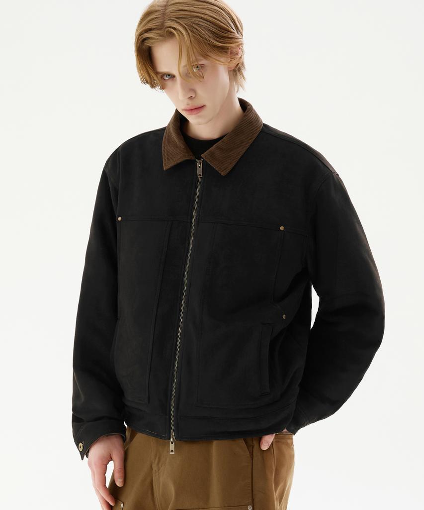 Trillion Corduroy Collar Suede Zip-Up Work Jacket [Black]