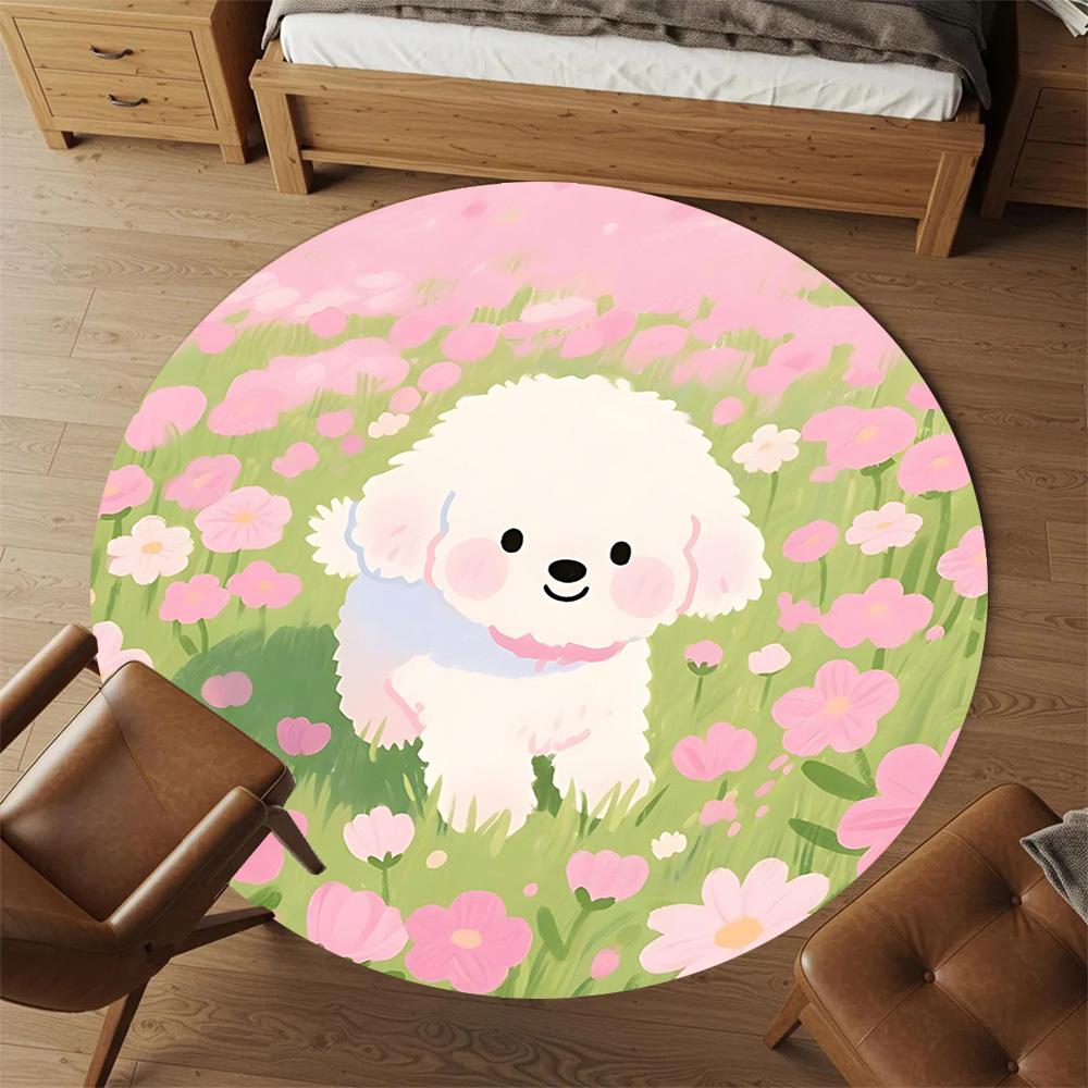 1 szt. mata podłogowa okrągła z motywem psa i kwiatów - antypoślizgowa, mata podłogowa do biura, sypialni i dekoracji wnętrz c1125027