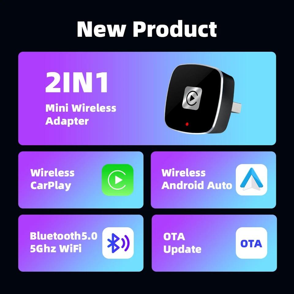 Wireless Carplay Adapter for Android iPhone Auto 2 in1 Wired to Wireless AI Box USB Connection for Volvo Benz Mg Kia Chery VW