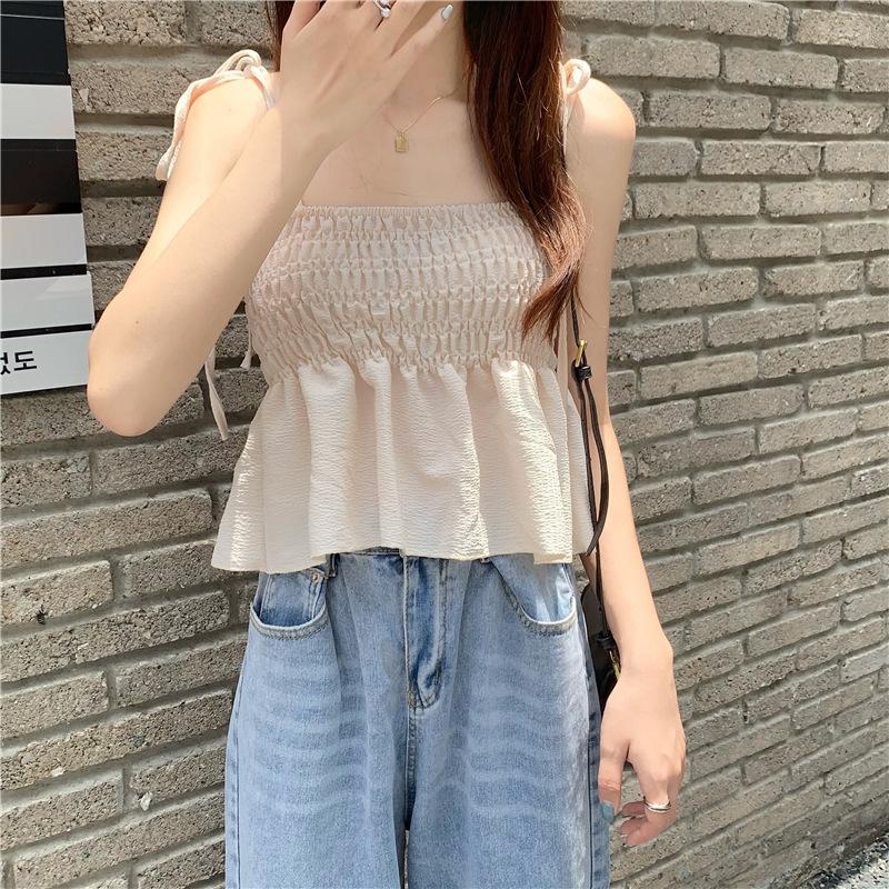 

French sweet seaside small suspender vest for women inside and outside in summer, thin short blue tube top in summer One size fits all абрикосовий