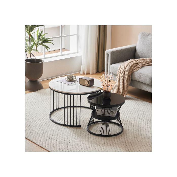 Table basse gigogne - MUVOE - Ensemble de 2 pièces - MDF brillant - Cadre noir - Design moderne