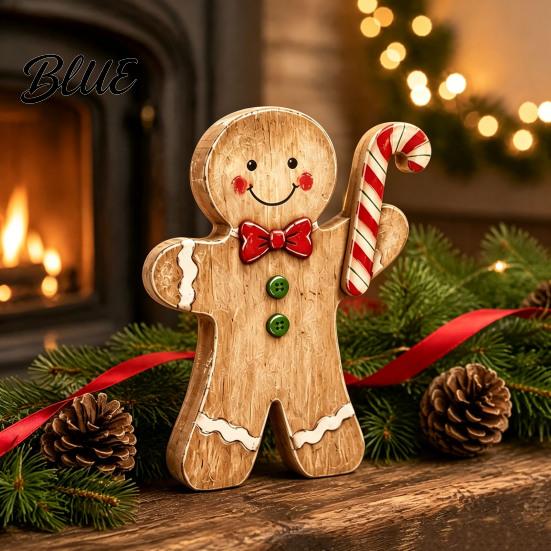 Christmas Fireplace Mantle Decor Wooden Gingerbread Man Decor, Rustic Gingerbread, Candy Cane House Figurines, Xmas Cute Lady Figurines Tabletop