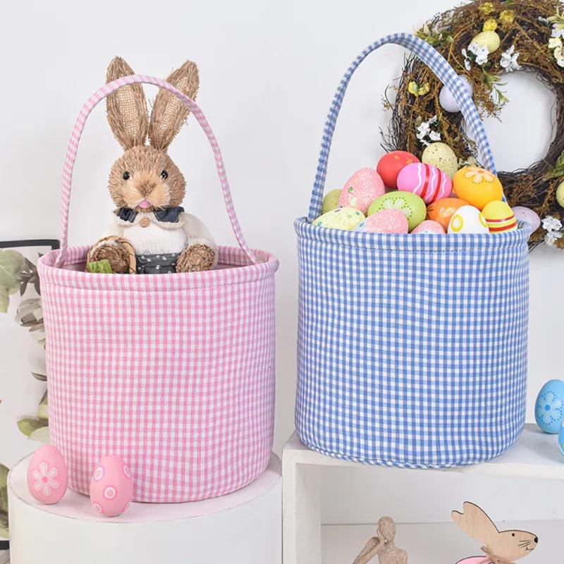 New Checkered Easter Handheld Basket With 4 Colors Egg Decorations Rabbit Storage Basket Handheld Bucket Holiday Gift Storage Supplies Ya465