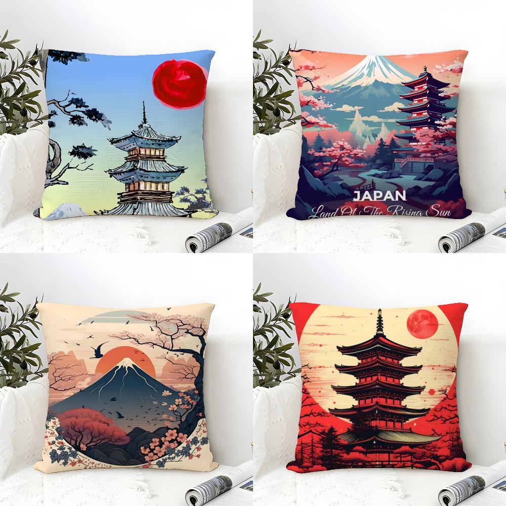 Retro Japanese Pagoda Landscape 1 Pillow Case Linen Cushion Covers For Decorative Sofa Home Pillows Case Car Chair Pillows Cases