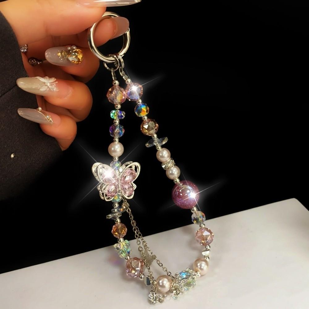 Butterfly Crystal Bead Phone Strap Wrist Chain Mobile Phone Lanyard  Mobile Phone Pendant