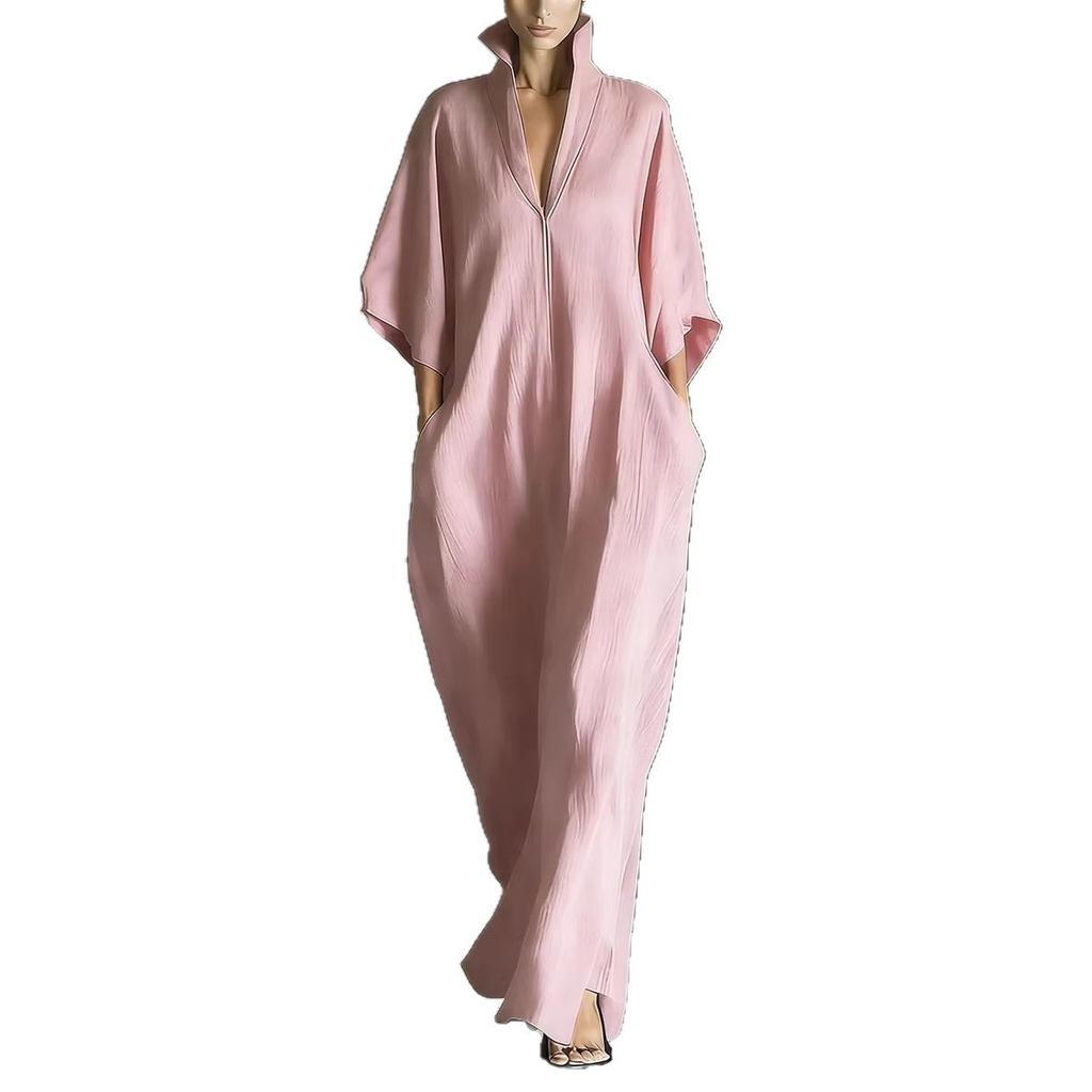 Women's 3/4 Sleeve Stand Collar Robe with Front Zipper Slit Hem Loose Fit Ankle Length Duster Multi Colors
